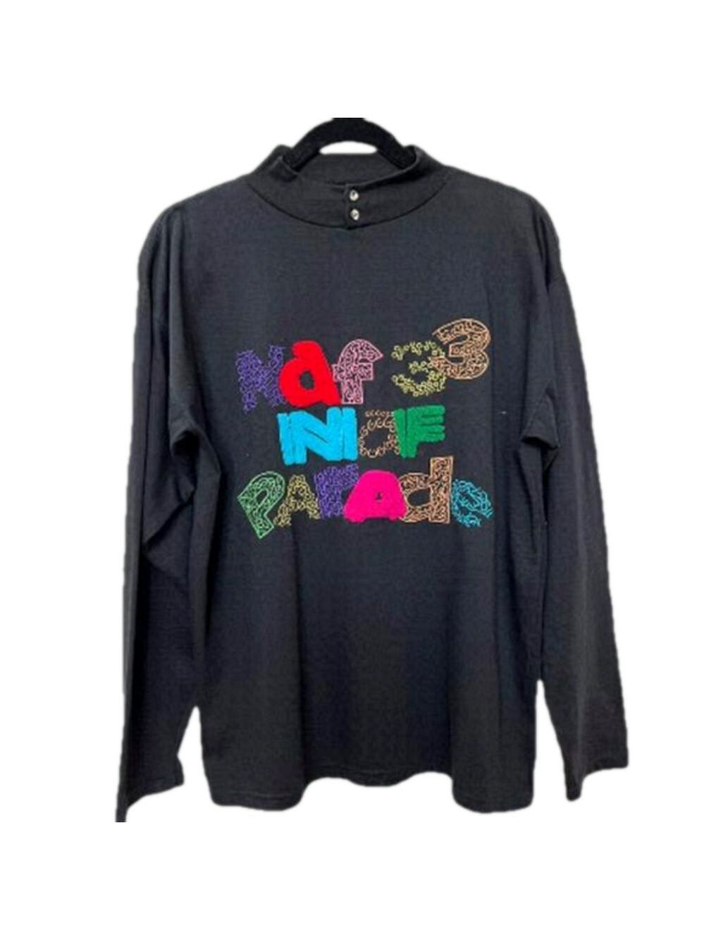 NAF NAF Vintage Long Sleeve Black T-Shirt Front Embroidery Applique 1980's Rare